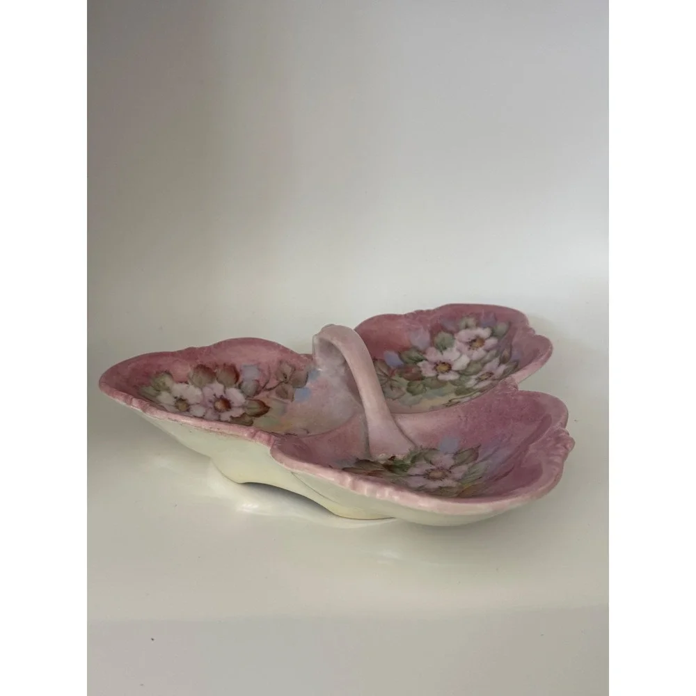 Vintage 1983 Hand Painted Floral Ceramic 3-Section Candy Dish Iridescent Pink